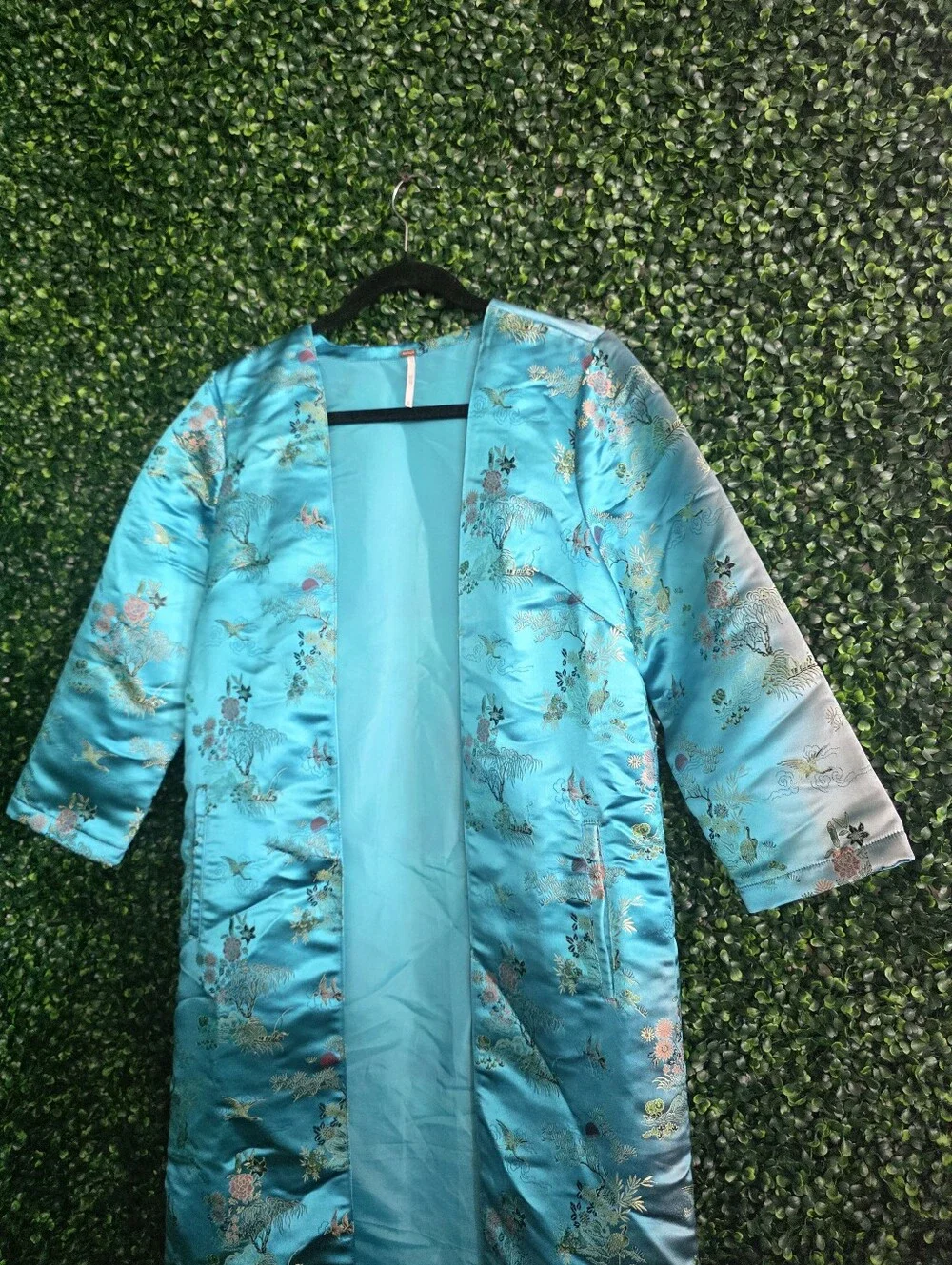 Free People Women's Turquoise Satin Floral Duster Coat Size S